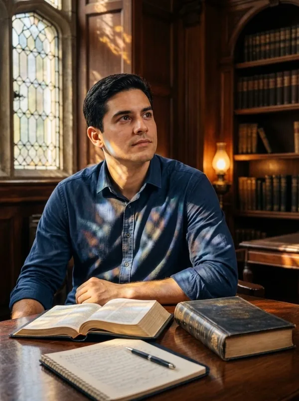Cristão estudando a Bíblia e teologia em um ambiente de reflexão espiritual