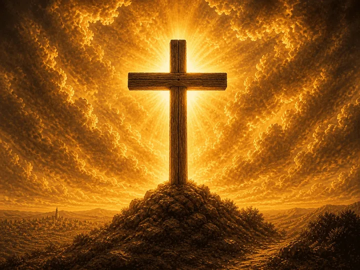 Cruz iluminada por raios dourados