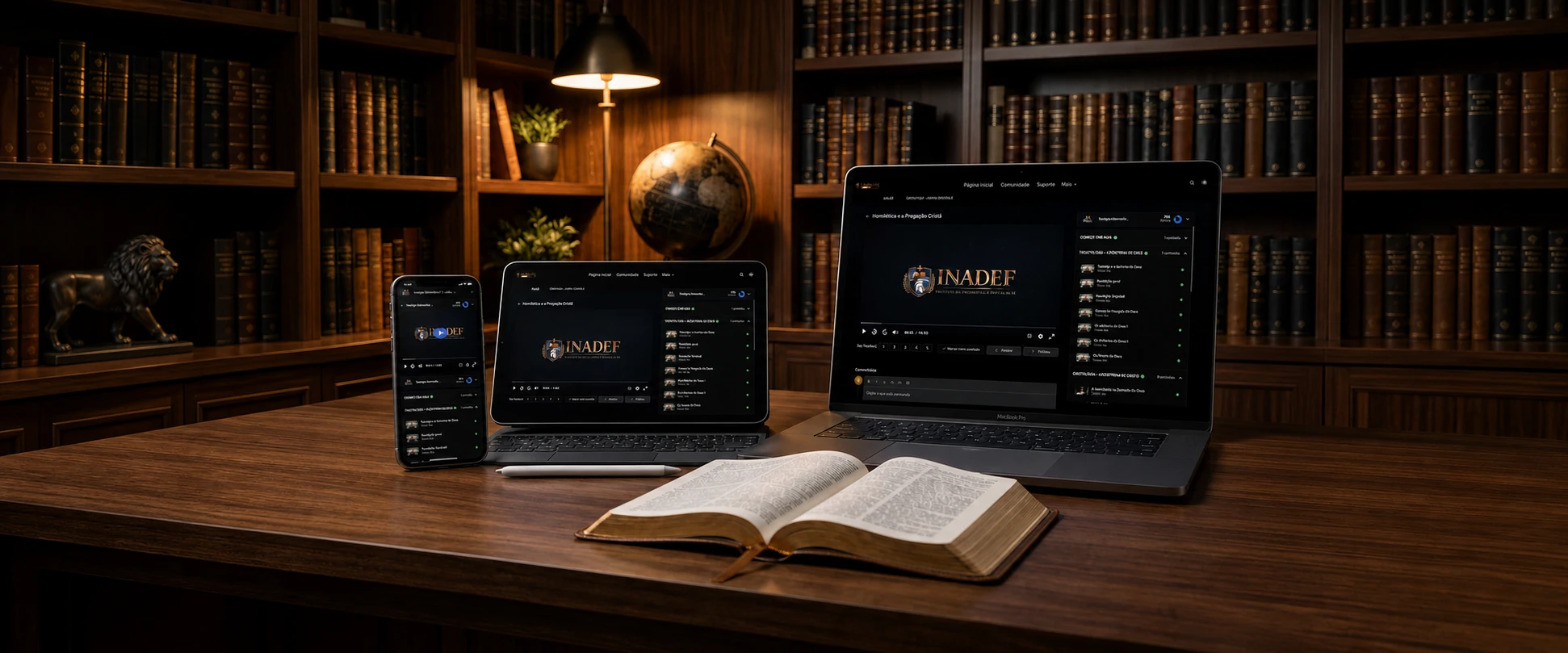 Área de membros da plataforma INADEF no computador, tablet e celular
