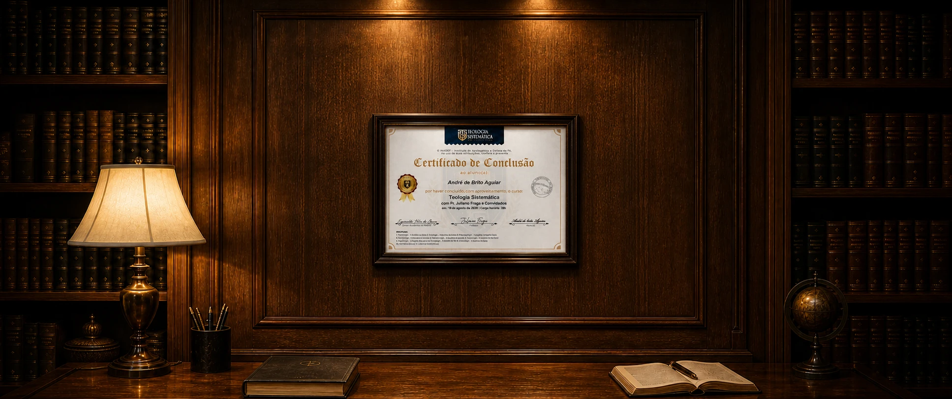Certificado de conclusão de Teologia Sistemática emoldurado na parede