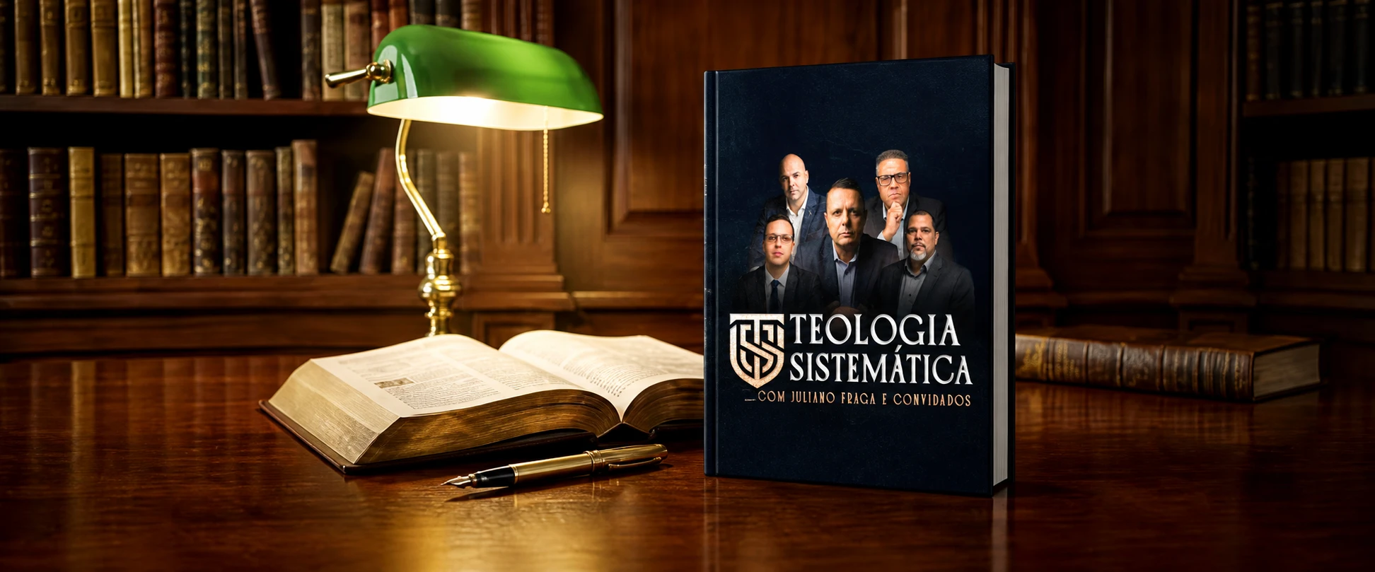 Mockup oficial do curso de Teologia Sistemática com Pr. Juliano Fraga e convidados