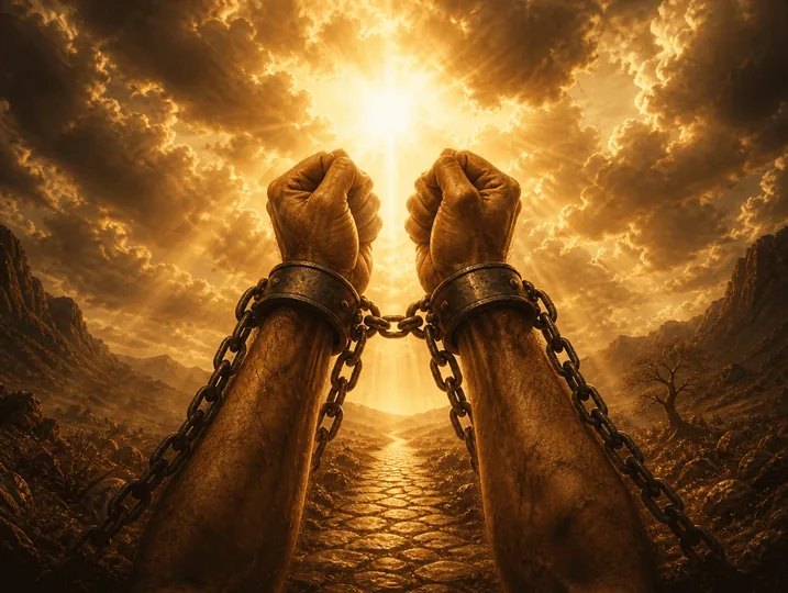 Mãos acorrentadas diante da luz